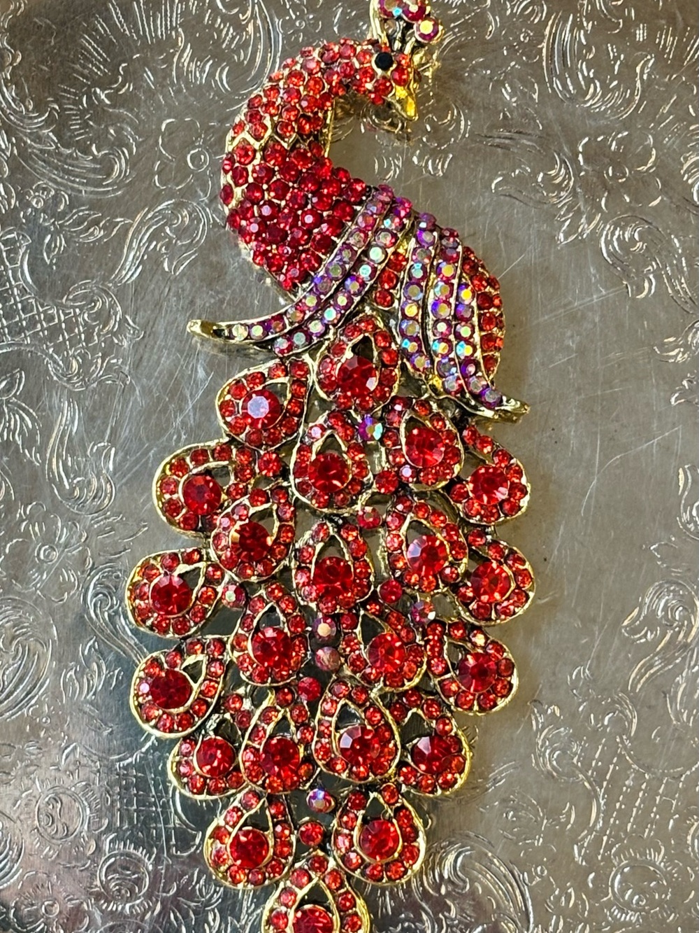 Vintage Red Rhinestone Peacock Brooch Large Statement Pin 5” Gold Tone”